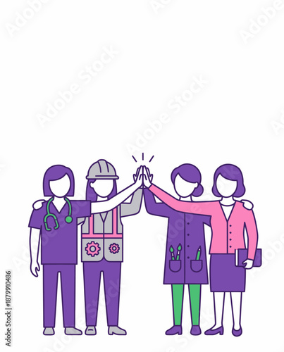 Diverse group of women in various professions celebrating success with a high five.