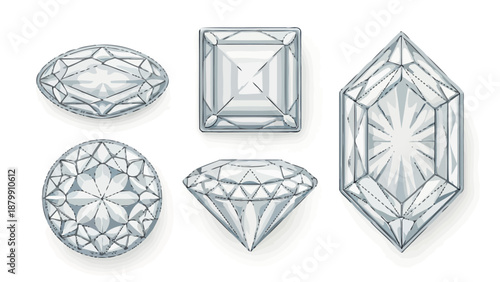Detailed illustrations of various diamond cuts and shapes