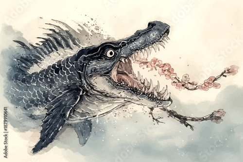 Black alligator attacking prey in watercolor style