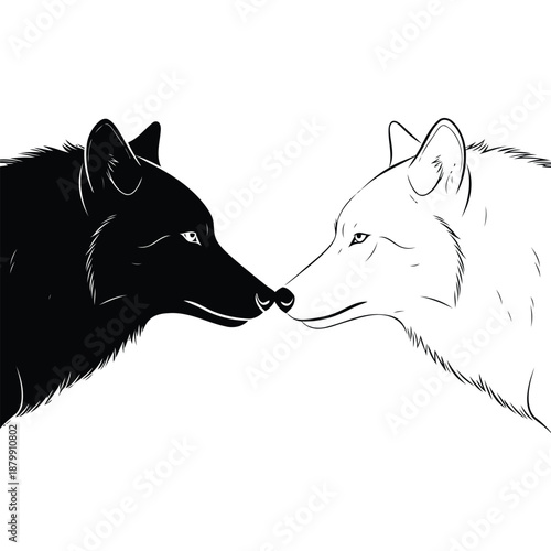 Black and White Wolf Heads Facing Each Other Outline wolves animal