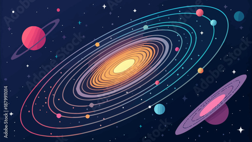 Vibrant galaxy illustration with colorful planets and stars