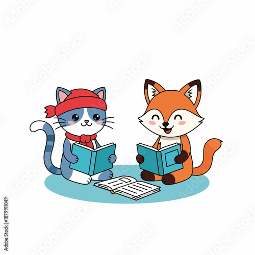 Cartoon Cat and Fox Reading Books