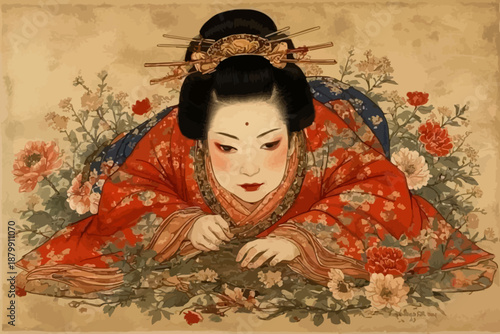 A serene geisha surrounded by vibrant floral arrangements in a traditional Japanese setting