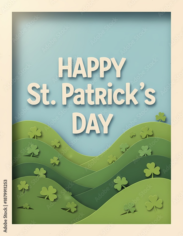 Fototapeta premium Happy St Patricks Day Greeting Card with Green Hills and Shamrocks.
