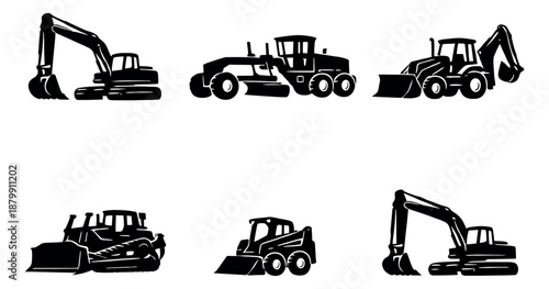 Modern silhouette heavy equipment set featuring excavators, a bulldozer, and a grader for construction projects