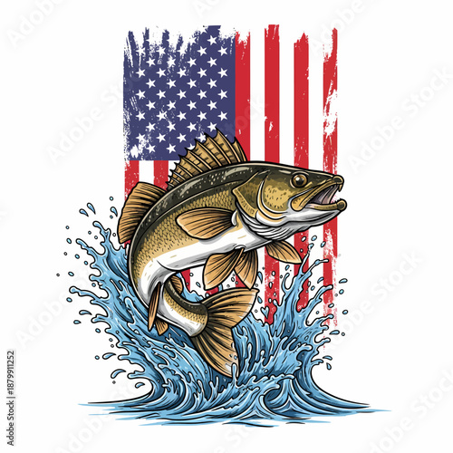 Walleye fish jumping out of water with american flag background