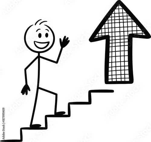 A joyful stick figure cheerfully walks up a flight of stairs heading towards a prominent straight upward arrow