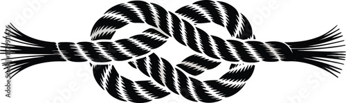 A highly textured black square knot with dynamic zigzag patterns and bushy ends on a pure white canvas