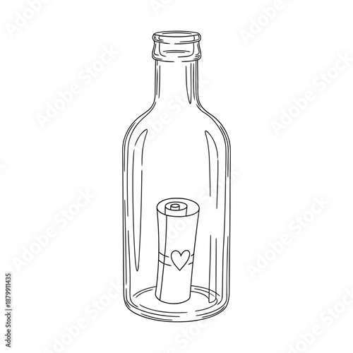Message in a bottle with a rolled scroll tied with a heart ribbon rolled paper