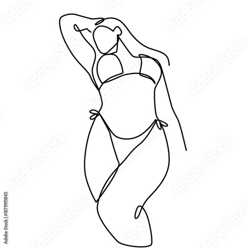 Bikini woman lying down and relaxing one line drawing. Bikini woman lying down and relaxing single line illustration. Bikini woman lying down and relaxing minimalist line art.