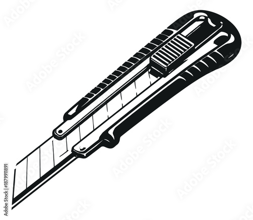 Monochrome line art illustration of a utility knife depicting a sharp retractable blade for various cutting tasks