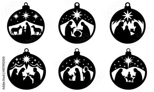 Nativity scene Christmas ornaments with star of Bethlehem on white background silhouette