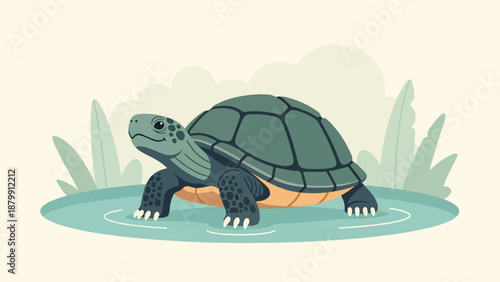 A stylized turtle walks through water with green plants behind it