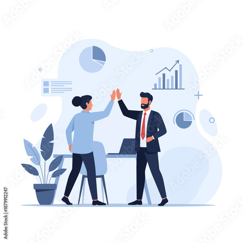 Man and woman high fiving at office desk.