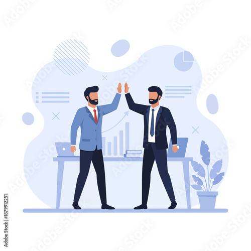 Two Businessmen High Fiving in Modern Office.