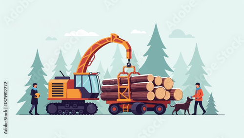 A stylized winter forest scene depicts a log loader transferring timber onto a trailer, with two people and a dog