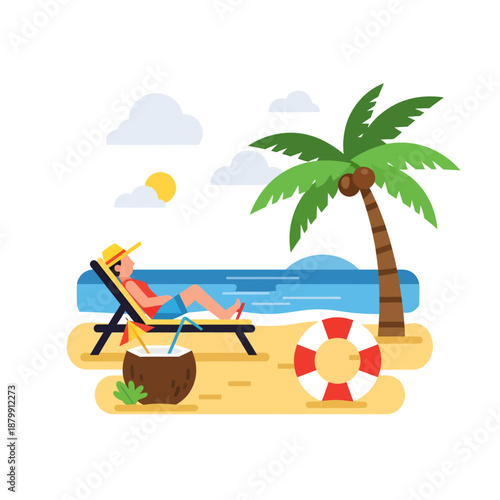 Woman Relaxing on Beach Chair under Palm Tree.