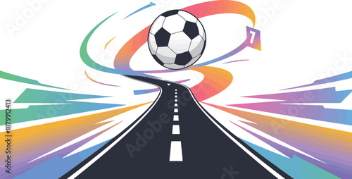 Dynamic Soccer Ball on Colorful Road Vector Illustration