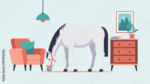 A surreal interior scene featuring a white horse grazing inside a room