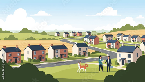 A suburban neighborhood with houses, roads, and greenery under a blue sky