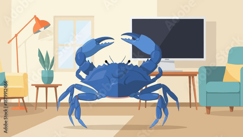 A surreal scene of a large blue crab in a domestic living room setting