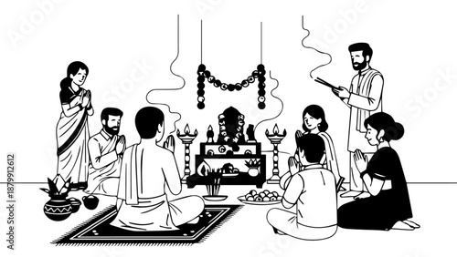 Group of People Meditating Around a Ceremonial Altar in a Cultural Religious Gathering Illustration.