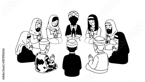 Group of diverse people seated in a circle having a discussion and gathering illustration.