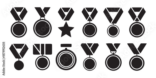 Medal Icon Set. Award Ribbons and Certificates for Sports and Achievements.