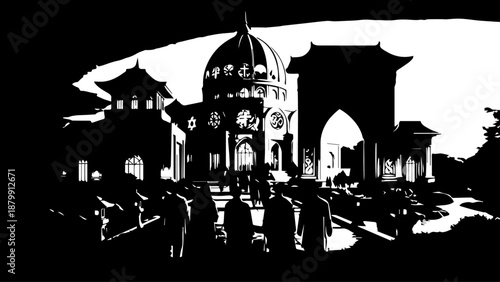 Silhouette of the Taj Mahal and surrounding arches in high contrast black and white.