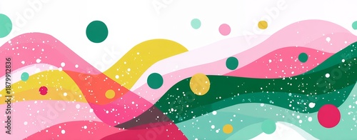 Abstract Waves and Circles Festive Pattern with Pink Yellow Green and Teal Colors