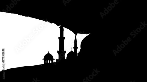 Evening silhouettes of a mosque skyline with domes and minarets.