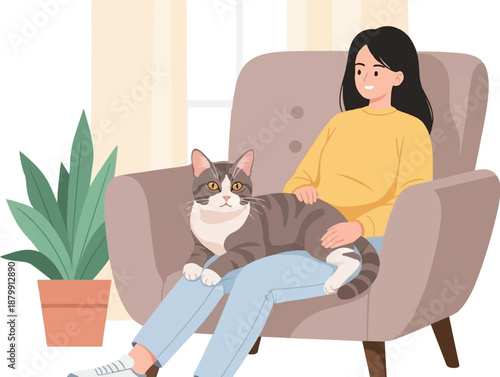 A person sits in a comfy chair holding a cat, with a plant nearby