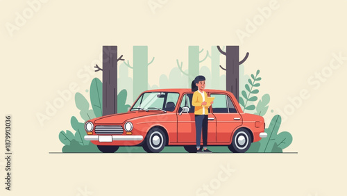 A person stands by a vintage car in a stylized forest with tall trees