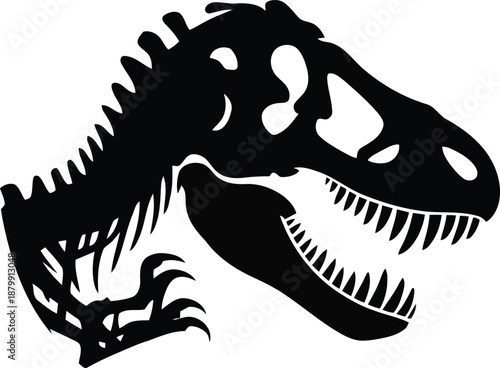 A menacing Tyrannosaurus Rex head silhouette is seen in stark black and white detail
