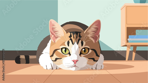 A tabby cat with green eyes rests its head on a wooden surface indoors