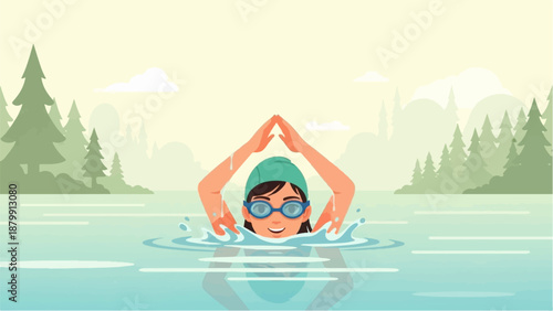 A person swims gracefully in a lake surrounded by a serene forest landscape