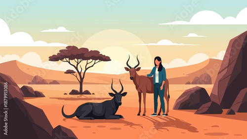 A person stands with antelopes in a pixelated desert landscape
