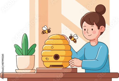 A person tending to a beehive with bees flying around