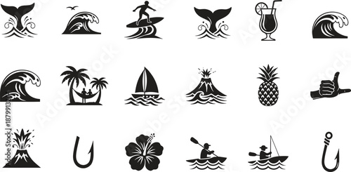 tropical vacation icons set with wave surf and palm tree