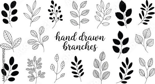 A lovely collection of hand drawn branches with leaves in various monochrome outline and solid styles