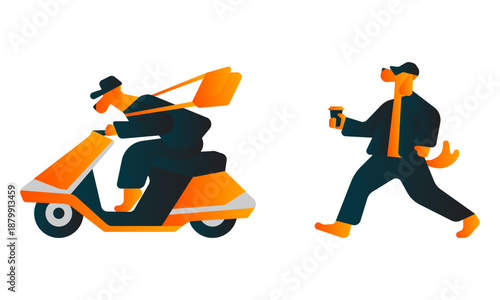 Stylized dog character walking with coffee beside scooter rider.