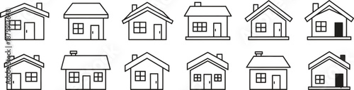 Various house icons in black and white line art style