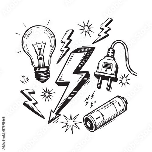 Title: Electricity Power Energy Symbols Light Bulb and Plug Illustration