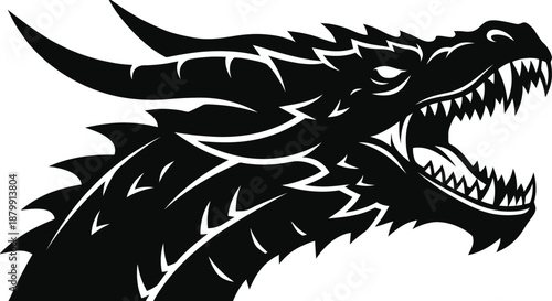 Dragon Head Silhouette Vector – Roaring Mythical Creature with Sharp Teeth Illustration
