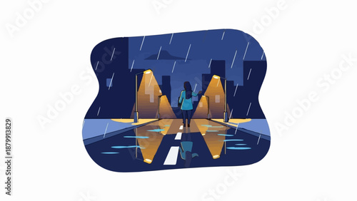 A lone figure walks down a rain-slicked street illuminated by streetlights