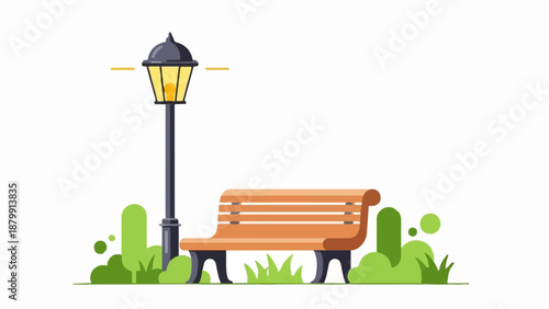 A lone park bench sits beneath a glowing streetlamp, surrounded by green bushes and grass