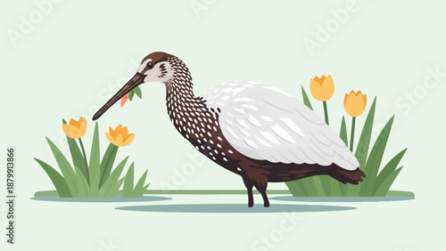 A long-beaked bird with white and brown feathers, holds a plant in its beak near yellow flowers