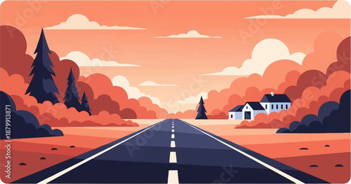 A long road leads to a house amidst a vibrant, warm-toned landscape