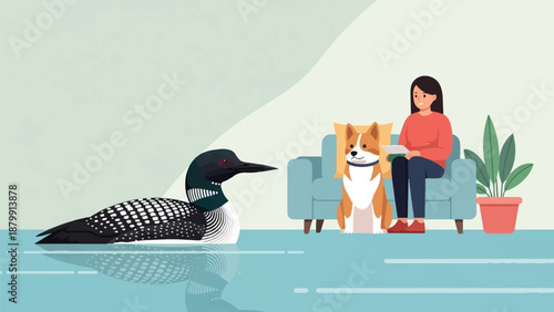 A loon floats on water, while a dog sits near a woman on a sofa indoors
