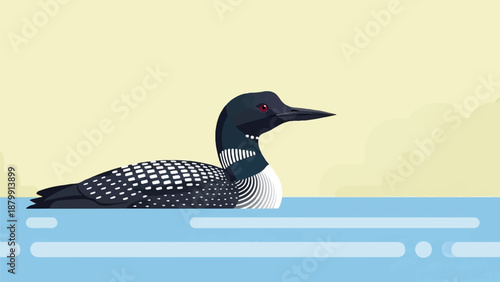 A loon swims gracefully on calm, blue water under a pale yellow sky